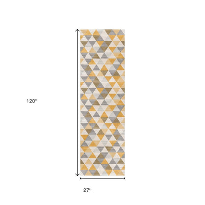 6' Yellow And Ivory Geometric Runner Rug