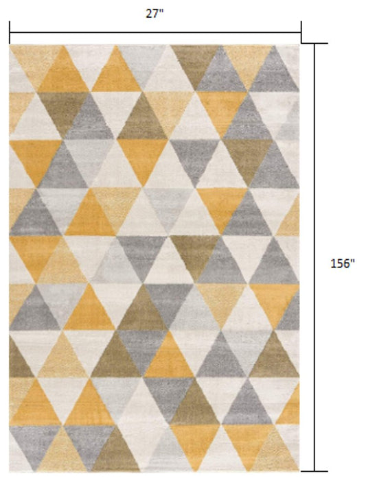 20' Yellow And Ivory Geometric Runner Rug