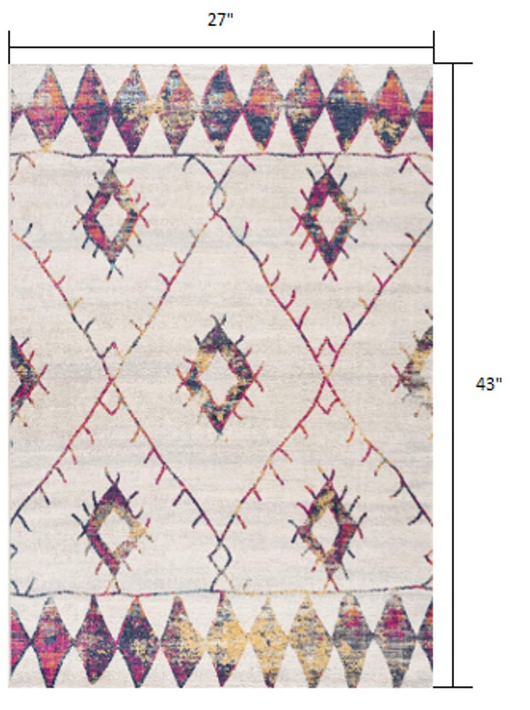 2' X 5' Cream Damask Area Rug