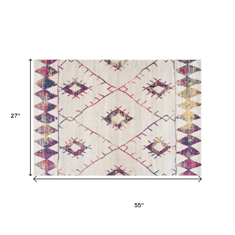 2' X 5' Cream Damask Area Rug