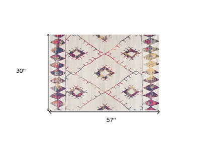 2' X 5' Cream Damask Area Rug