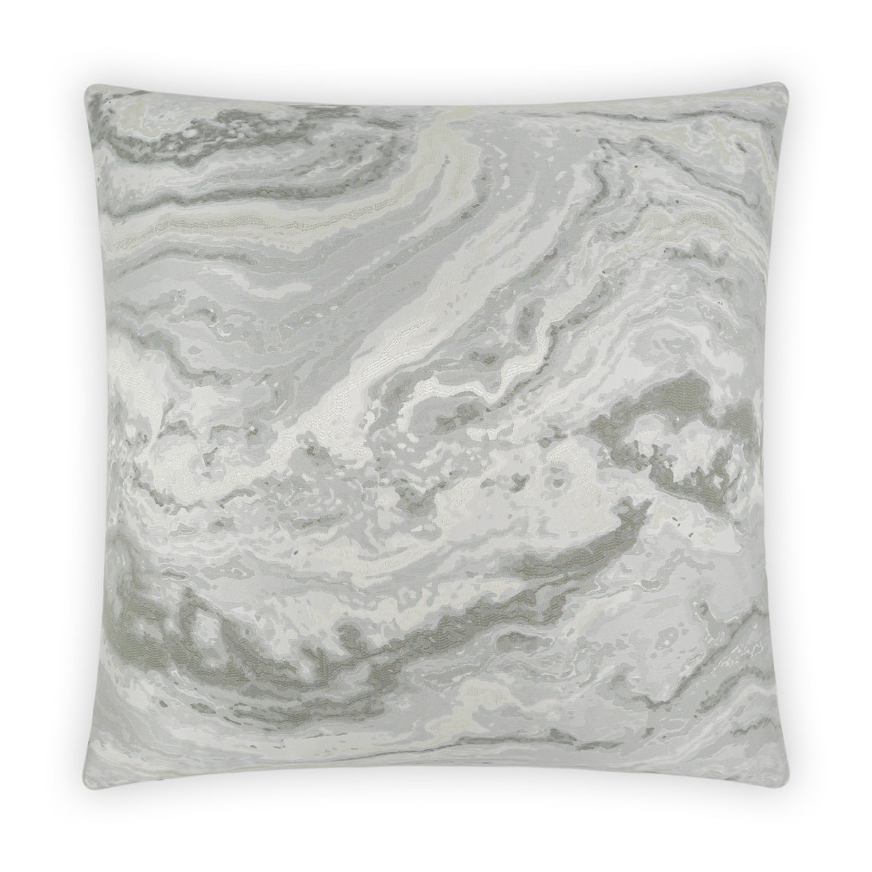 Square throw pillow with light gray and white marble swirl pattern on soft fabric.