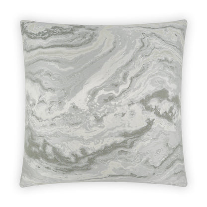 Square throw pillow with light gray and white marble swirl pattern on soft fabric.