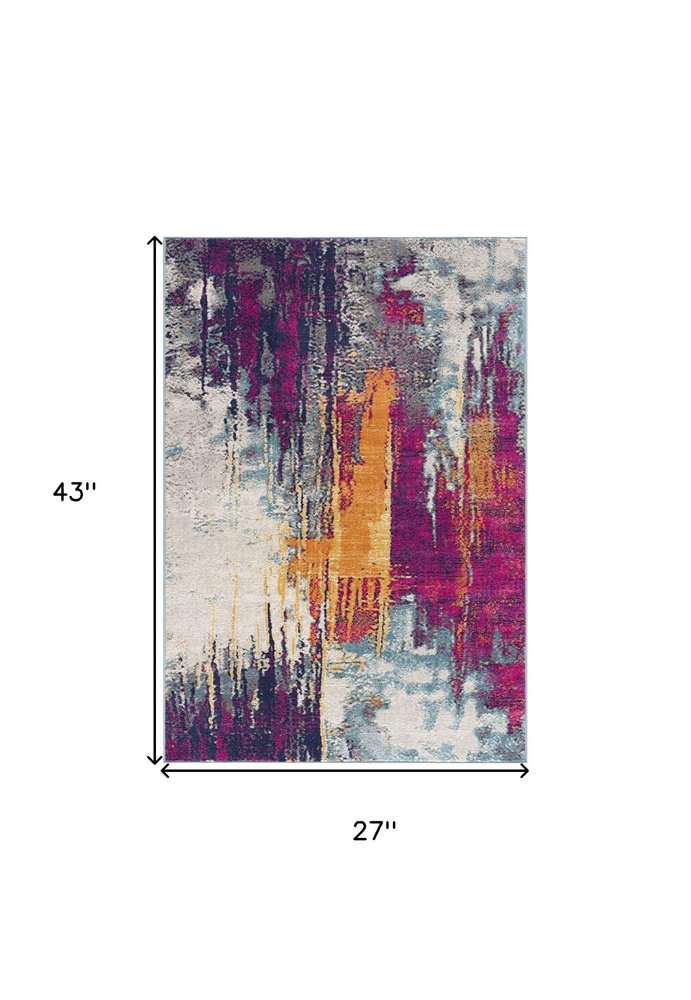 2' X 4' Gray Ivory And Magenta Abstract Area Rug