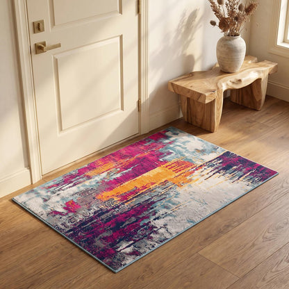 2' X 4' Gray Ivory And Magenta Abstract Area Rug