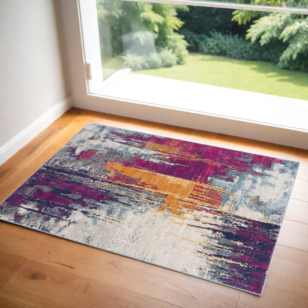 2' X 4' Gray Ivory And Magenta Abstract Area Rug