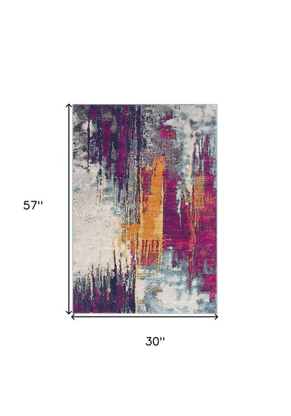 2' X 4' Gray Ivory And Magenta Abstract Area Rug
