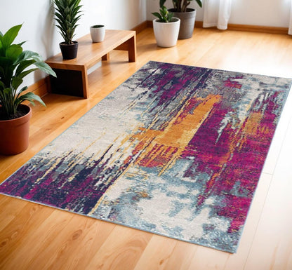 2' X 4' Gray Ivory And Magenta Abstract Area Rug