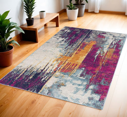 5' X 7' Gray Ivory And Magenta Abstract Area Rug