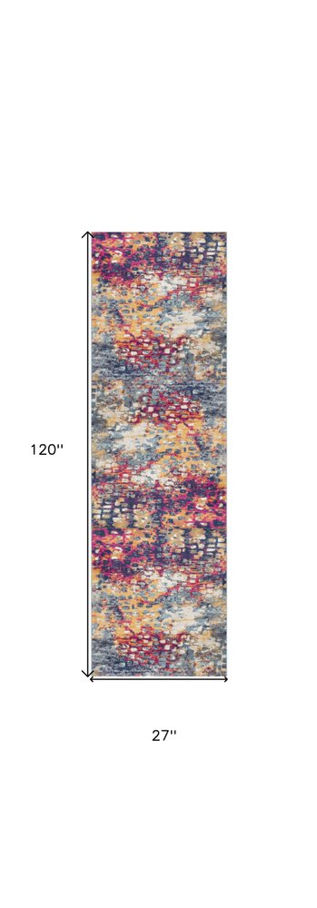 6' Blue And Ivory Abstract Runner Rug