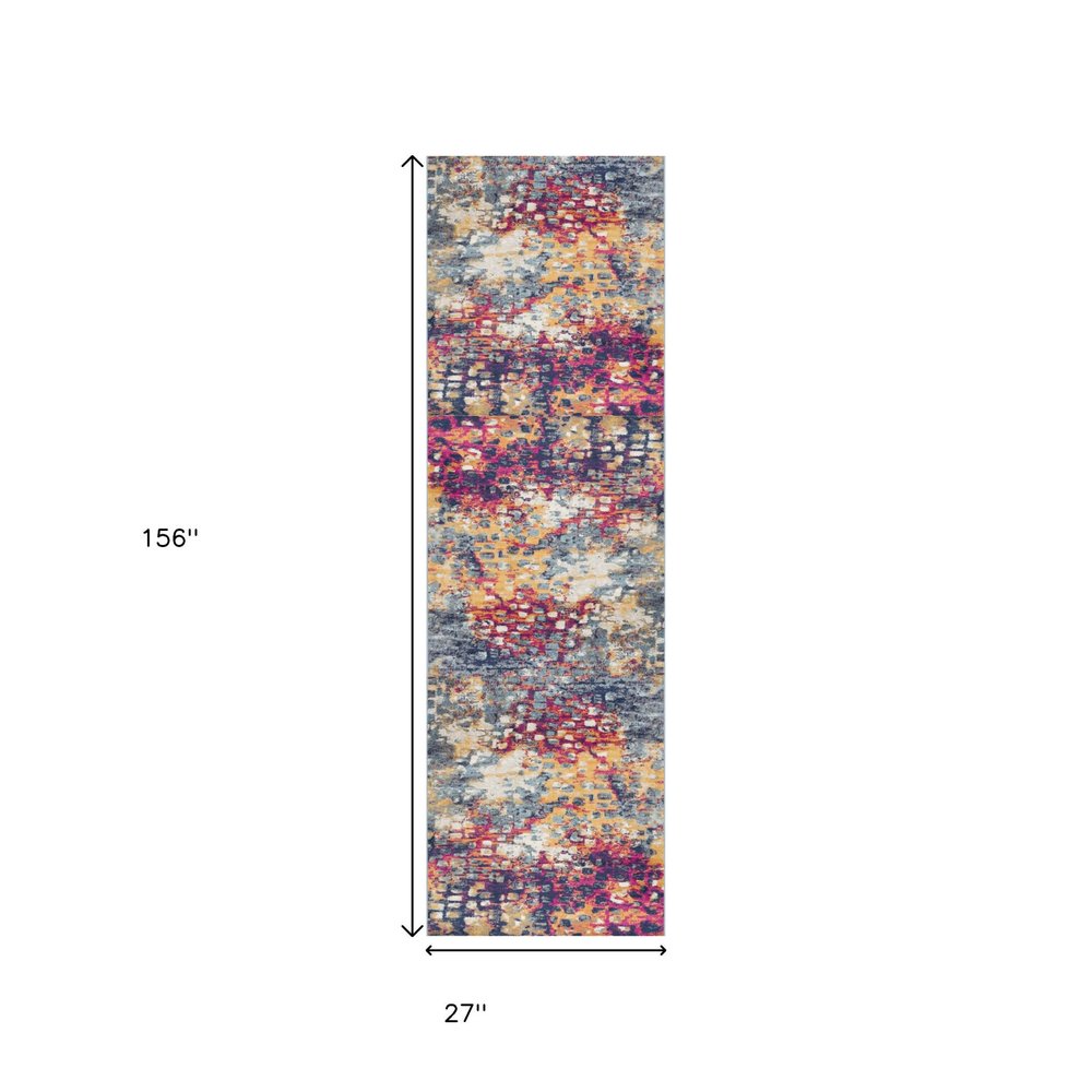 15' Blue And Ivory Abstract Runner Rug