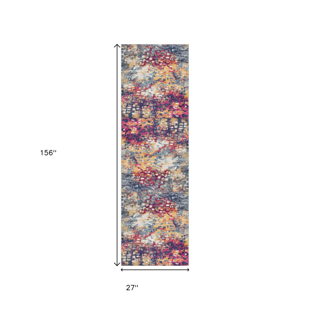 6' Blue And Ivory Abstract Runner Rug