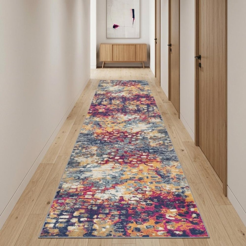 15' Blue And Ivory Abstract Runner Rug