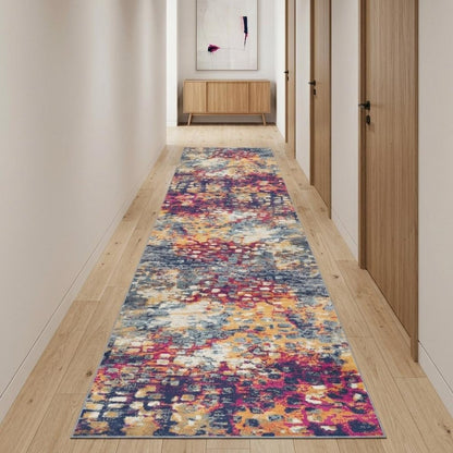 15' Blue And Ivory Abstract Runner Rug