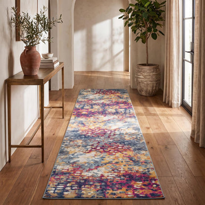 15' Blue And Ivory Abstract Runner Rug