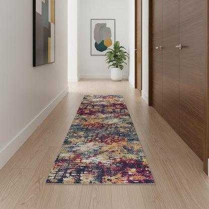 6' Blue And Ivory Abstract Runner Rug