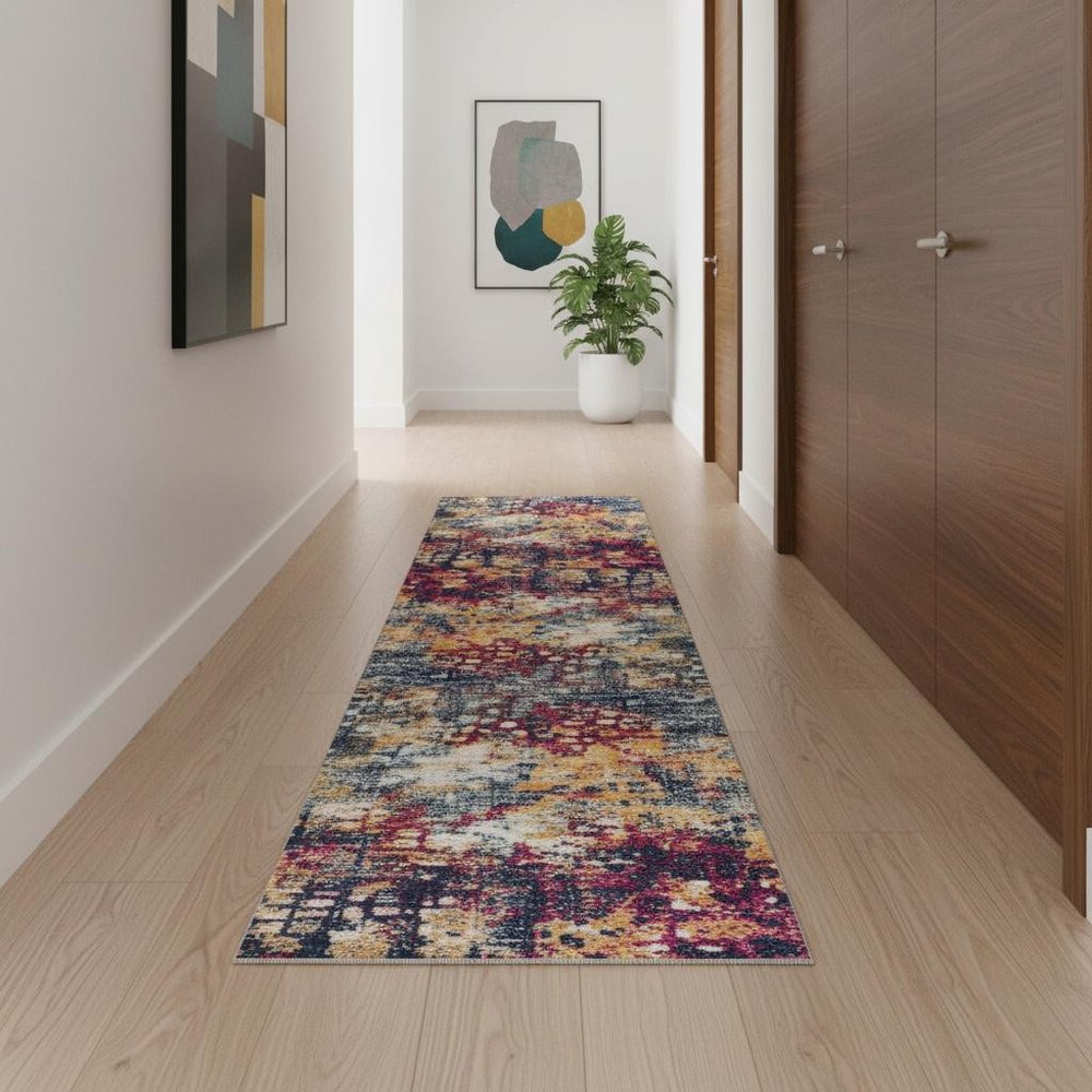 6' Blue And Ivory Abstract Runner Rug