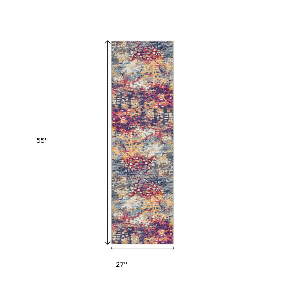 6' Blue And Ivory Abstract Runner Rug