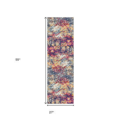 6' Blue And Ivory Abstract Runner Rug