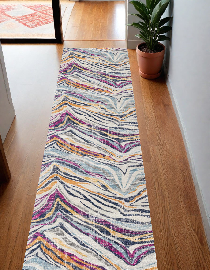 10' Runner Blue and Gold Abstract Runner Rug