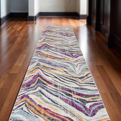 10' Blue And Gold Abstract Runner Rug
