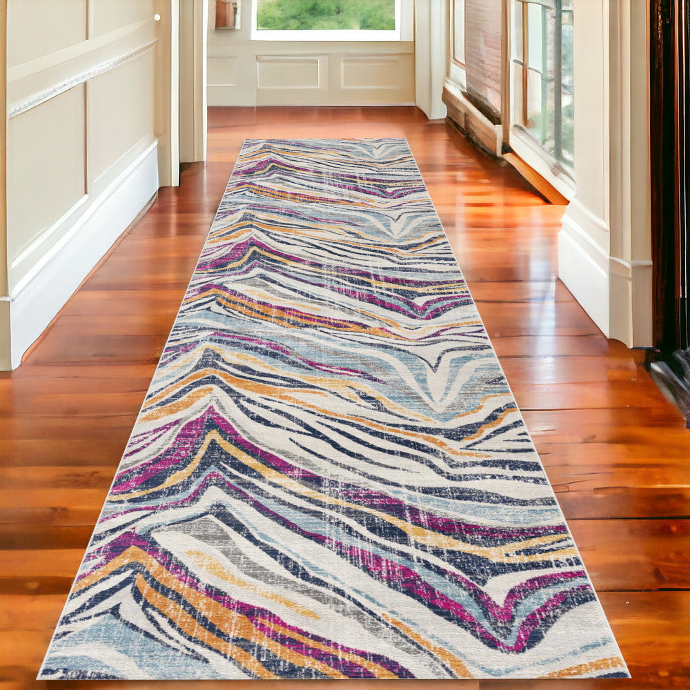 10' Runner Blue and Gold Abstract Runner Rug