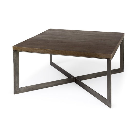 34" Brown Solid Wood And Iron Square Coffee Table