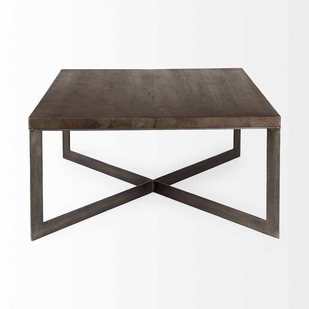 34" Brown Solid Wood and Metal Square Coffee Table