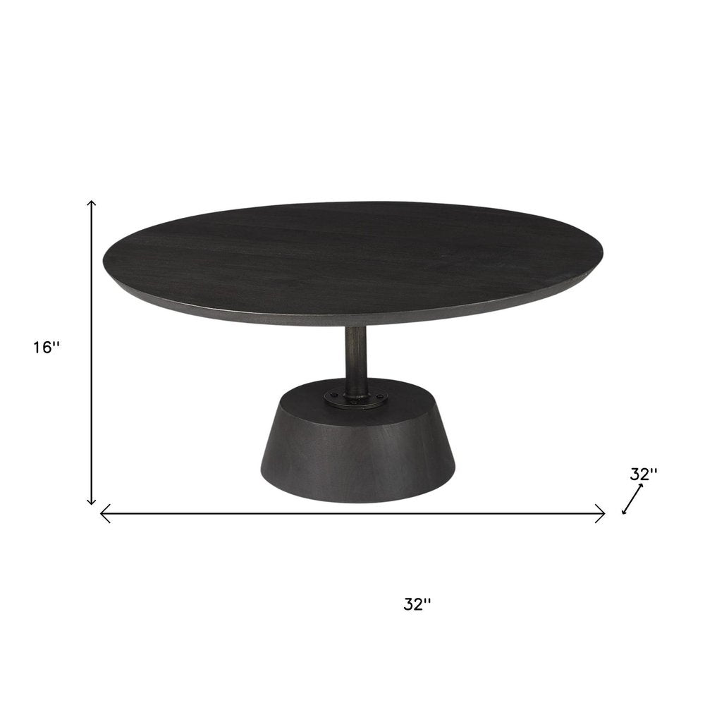 32" Dark Brown and Black Solid Wood and Iron Round Pedestal Coffee Table