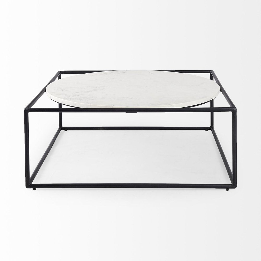 36" White and Black Genuine Marble and Metal Square Frame Coffee Table