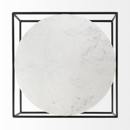 36" White and Black Genuine Marble and Metal Square Frame Coffee Table
