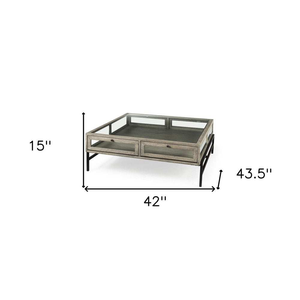 42" Gray and Black Glass and Metal Square Coffee Table With Shelf