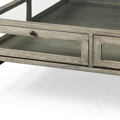 42" Gray and Black Glass and Metal Square Coffee Table With Shelf