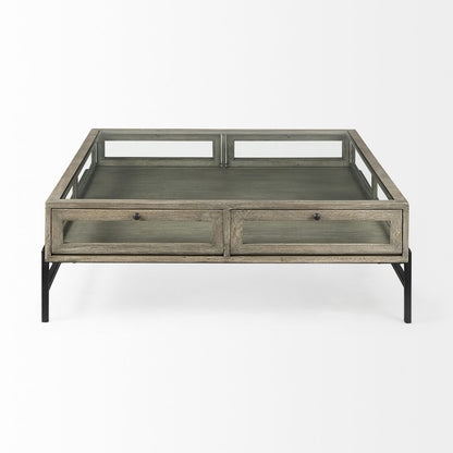 42" Gray and Black Glass and Metal Square Coffee Table With Shelf