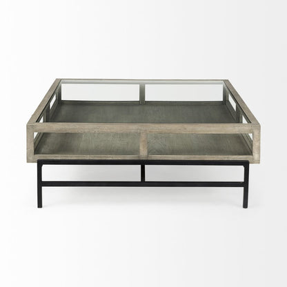 42" Gray and Black Glass and Metal Square Coffee Table With Shelf