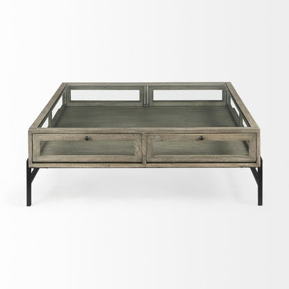 42" Gray and Black Glass and Metal Square Coffee Table With Shelf
