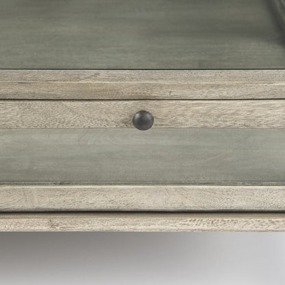 42" Gray and Black Glass and Metal Square Coffee Table With Shelf