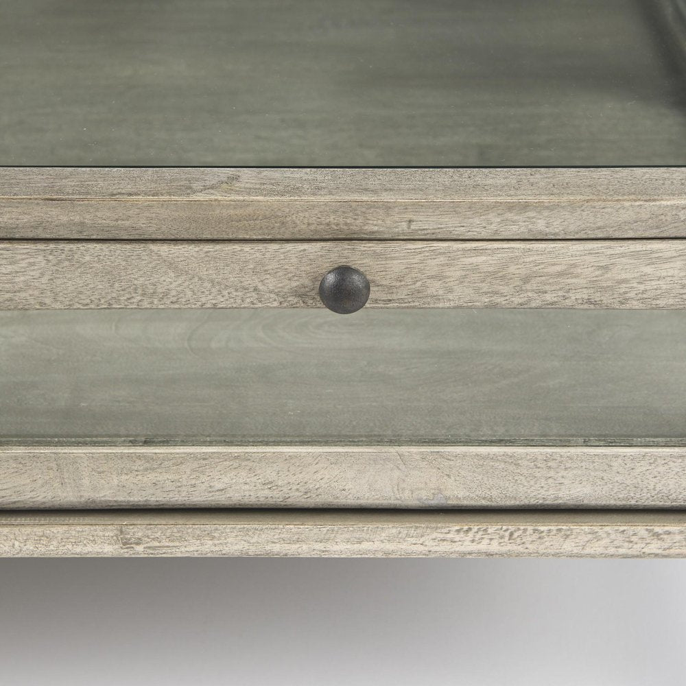 42" Gray and Black Glass and Metal Square Coffee Table With Shelf