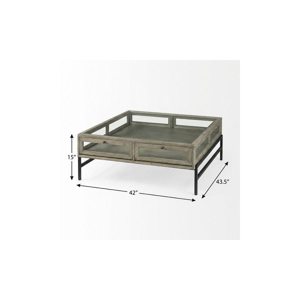 42" Gray and Black Glass and Metal Square Coffee Table With Shelf