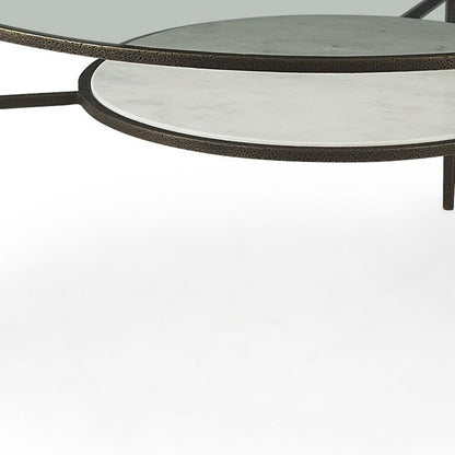 36" Clear and Bronze Glass and Metal Round Coffee Table With Shelf