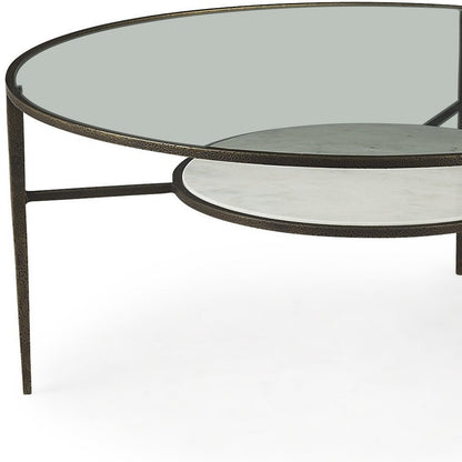 36" Clear and Bronze Glass and Metal Round Coffee Table With Shelf