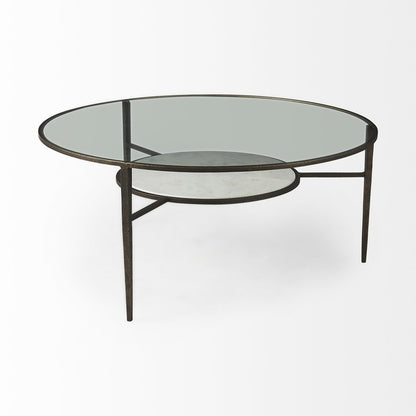36" Clear and Bronze Glass and Metal Round Coffee Table With Shelf