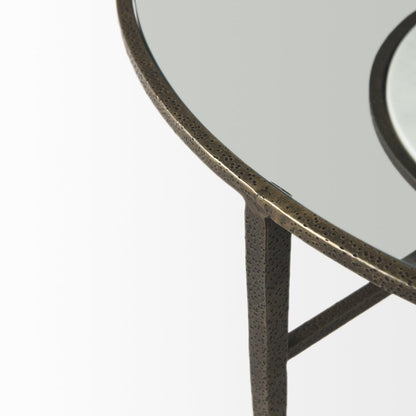 36" Clear and Bronze Glass and Metal Round Coffee Table With Shelf