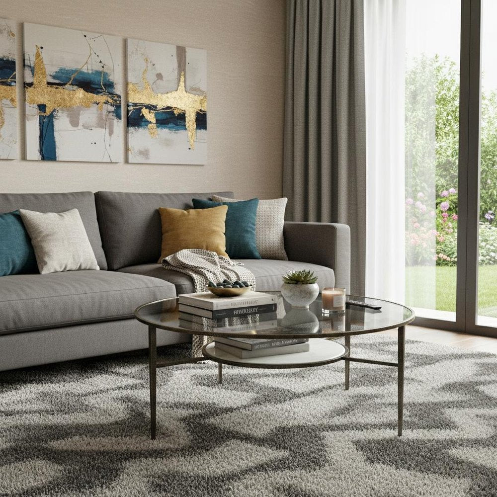 36" Clear and Bronze Glass and Metal Round Coffee Table With Shelf