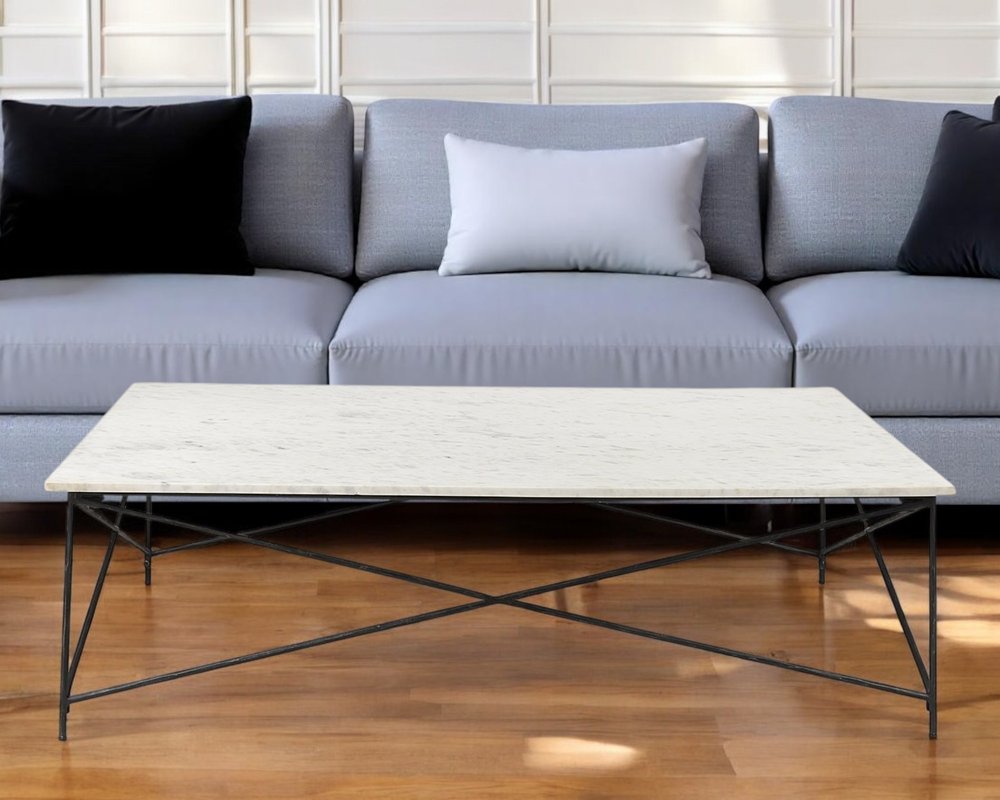 35" White Genuine Marble and Metal Coffee Table