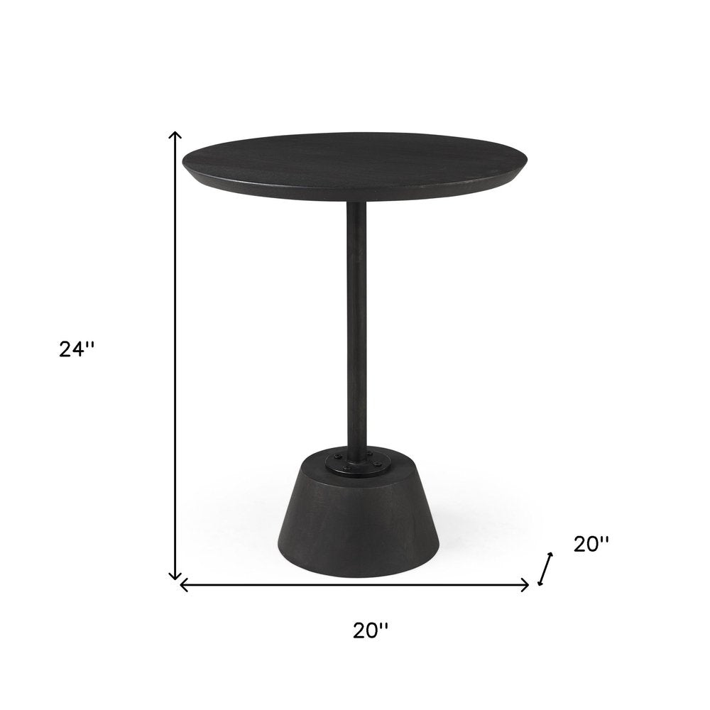 24" Black Solid Wood And Iron Round Pedestal End Table
