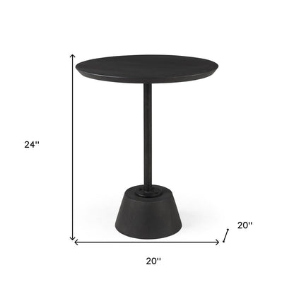 24" Black Solid Wood And Iron Round Pedestal End Table