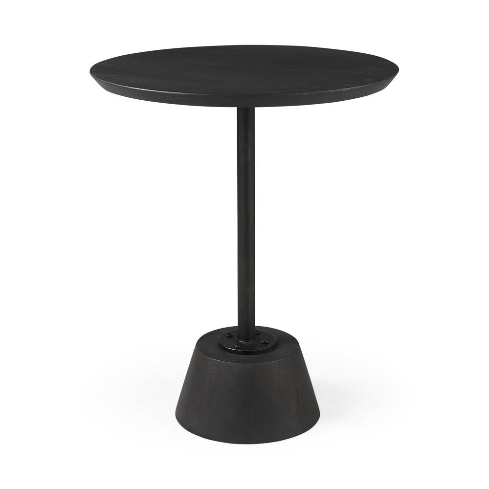 24" Black Solid Wood And Iron Round Pedestal End Table