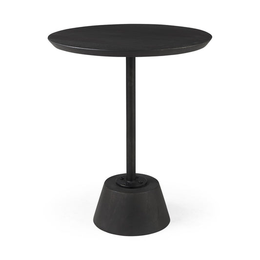24" Black Solid Wood And Iron Round Pedestal End Table