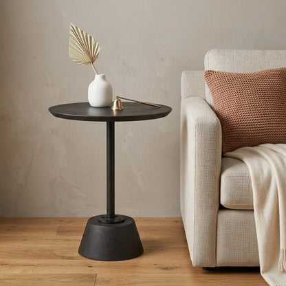 24" Black Solid Wood And Iron Round Pedestal End Table
